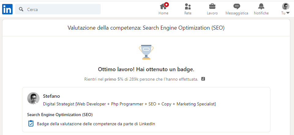Stefano Savio - Badge del Certificato SEO Linkedin
